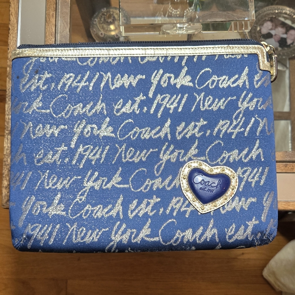 Coach Denim Blue and Gold Script Clutch/Tablet Case